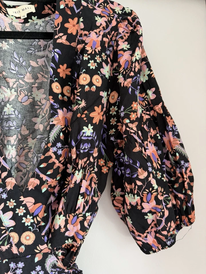 Maxi Vestido IRIS Talla 16 Manga Corta Verano Envoltura Floral Multicolor Negro Rayón Foto 3 de 4
