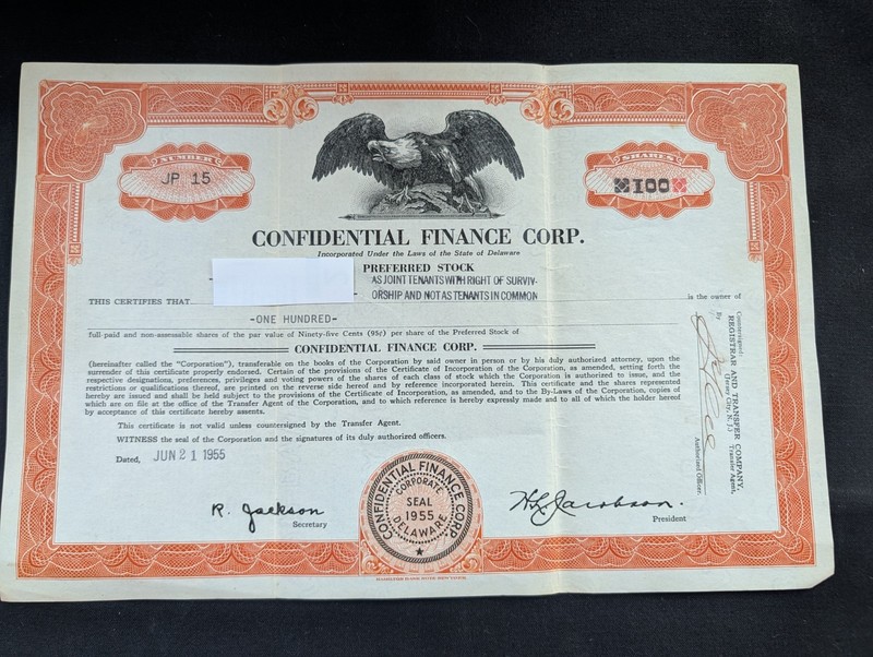 Vintage 100 Shares Confidential Finance Corp Stock Certificate.