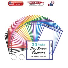 30 Packs Oversized Reusable Dry Erase Pocket Sleeves with 2 Rings, 10 Assorte...