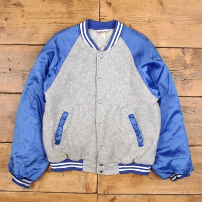 Vintage Hartwell Varsity Jacke M Herren 80er Grau USA Made Fleece Satin Blau Gefüttert