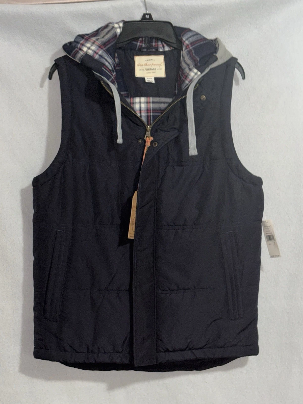 Weatherproof Vintage Hooded Vest Maritime Blue Gray Plaid Men's Size S NWT
