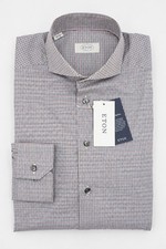 Men Eton Shirt Single Convertible Cuff Micro Check Size 39 15.5 Slim Fit