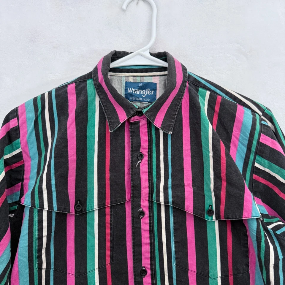 Vintage Wrangler Brushpopper Shirt Boys 16 L Stripe Cowboy Rodeo Ranch Western - Image 2 of 4