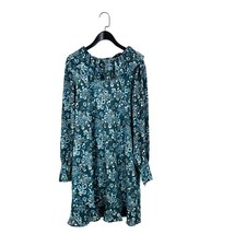 NEXT Teal Blue Beige Floral Ruffle Trim Textured Short Shift Dress - Size 12