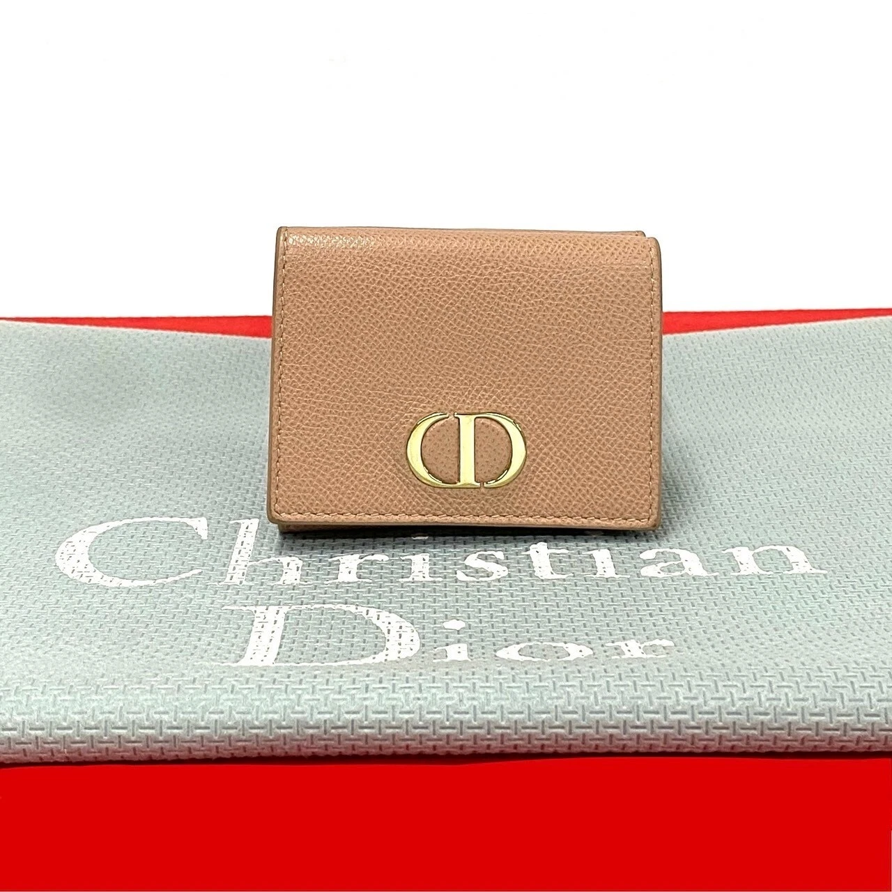 Christian Dior Lotus Portefeuille CD Logo Métal Tri pli Portefeuille Cuir Rose 23643