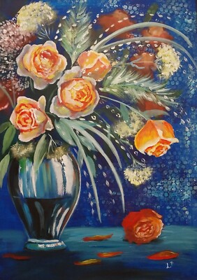Original Gemälde Blumenbouquet 50x70cm Handgemalt Acryl Modern Orange Rosen