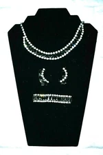 Vintage Black & Clear Rhinestone Set Necklace Bracelet Clip Earrings Unsigned