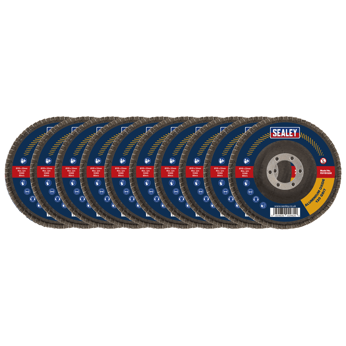 Sealey FD115120E10 115mm Aluminium Oxide Flap Discs 120Grit 22mm Bore - Pack of