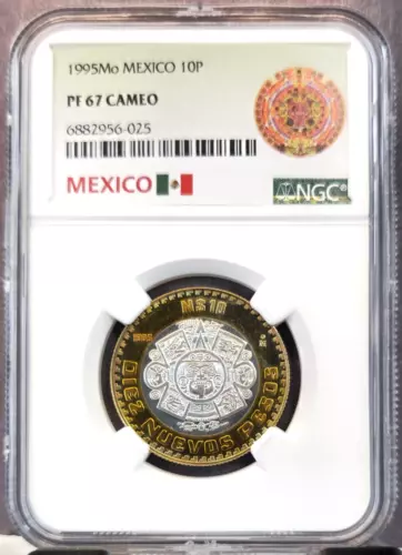 1995 MEXICO SILVER 10 PESOS SUN STONE NGC PF 67 CAMEO RARE LOW MINTAGE TOP POP