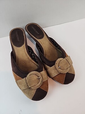 Women's Brown/Tan Suede Predictions Mule Slide Loafer Heels Sz 8