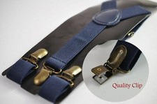Navy Blue Dark Blue Elastic Suspenders Braces with Bronze Metal Clips