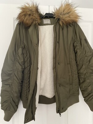 Next Girls khaki green fur trim hood ruched sleeve bomber jacket