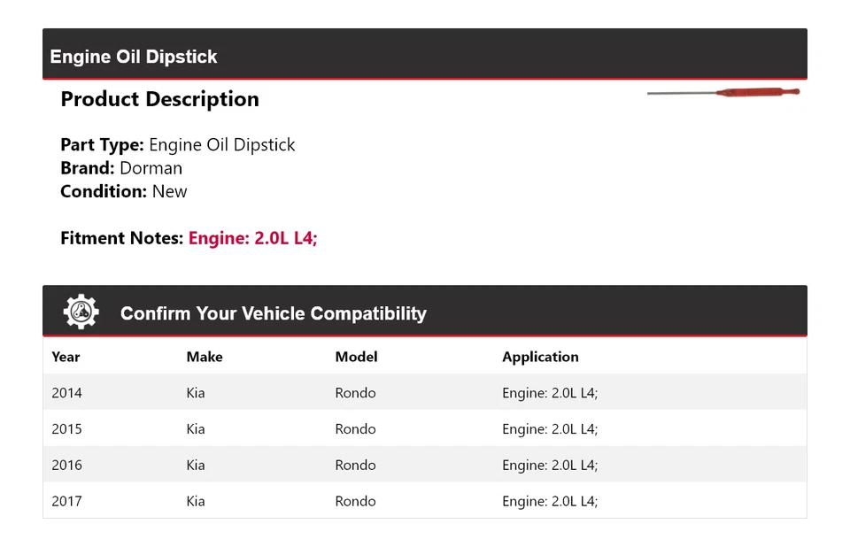Vareta de óleo de motor Dorman 2015 2016 para 2014-2017 Kia Rondo 2.0L L4 - Imagem 2 de 4