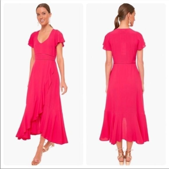 hot pink long sleeve dress Long Sleeve Hot Pink Floral Midi Wedding Guest Dress M main image 1