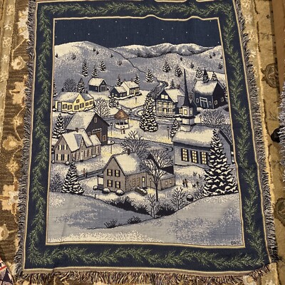 VINTAGE Mohawk Cotton throw 60  X 45  Including Fringe Winter Village Snowy Xmas