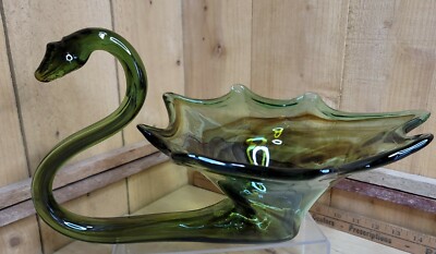 1960s Sooner Art Glass Green Brown Swirl Hand Blown Swan Bowl Planter Ruffled 