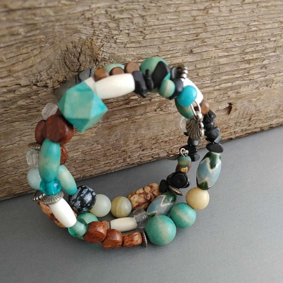 Beaded Bracelet Aqua Brown Boho Beach Wood Clay Stone Shell Charms Aqua Brown - Image 3 of 4