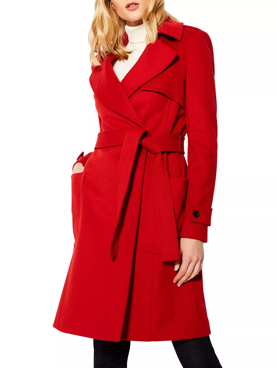 Karen Millen Investment Wool Belted Collared Red Wool Coat Size UK