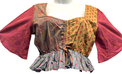 Nwt SACRED THREADS boho hippy batik patch cotton smocked crop TOP S/M Free shipp