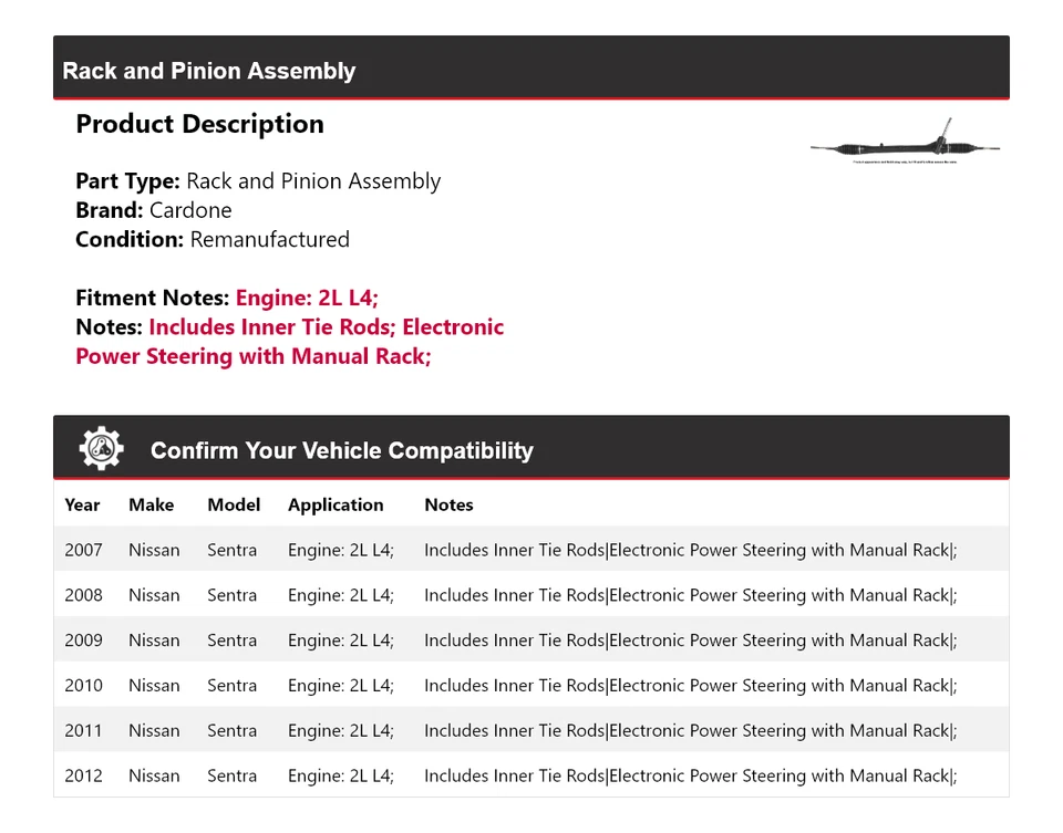 Conjunto de piñón y cremallera Cardone 2008 2009 para Nissan Sentra 2L L4 2007-2012 Foto 2 de 4