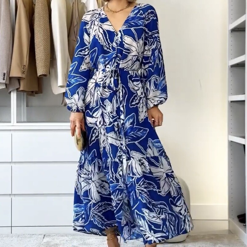 NWT H&M Tie-belt Crêpe Viscose Blend Maxi V-Neck Dress Blue/White