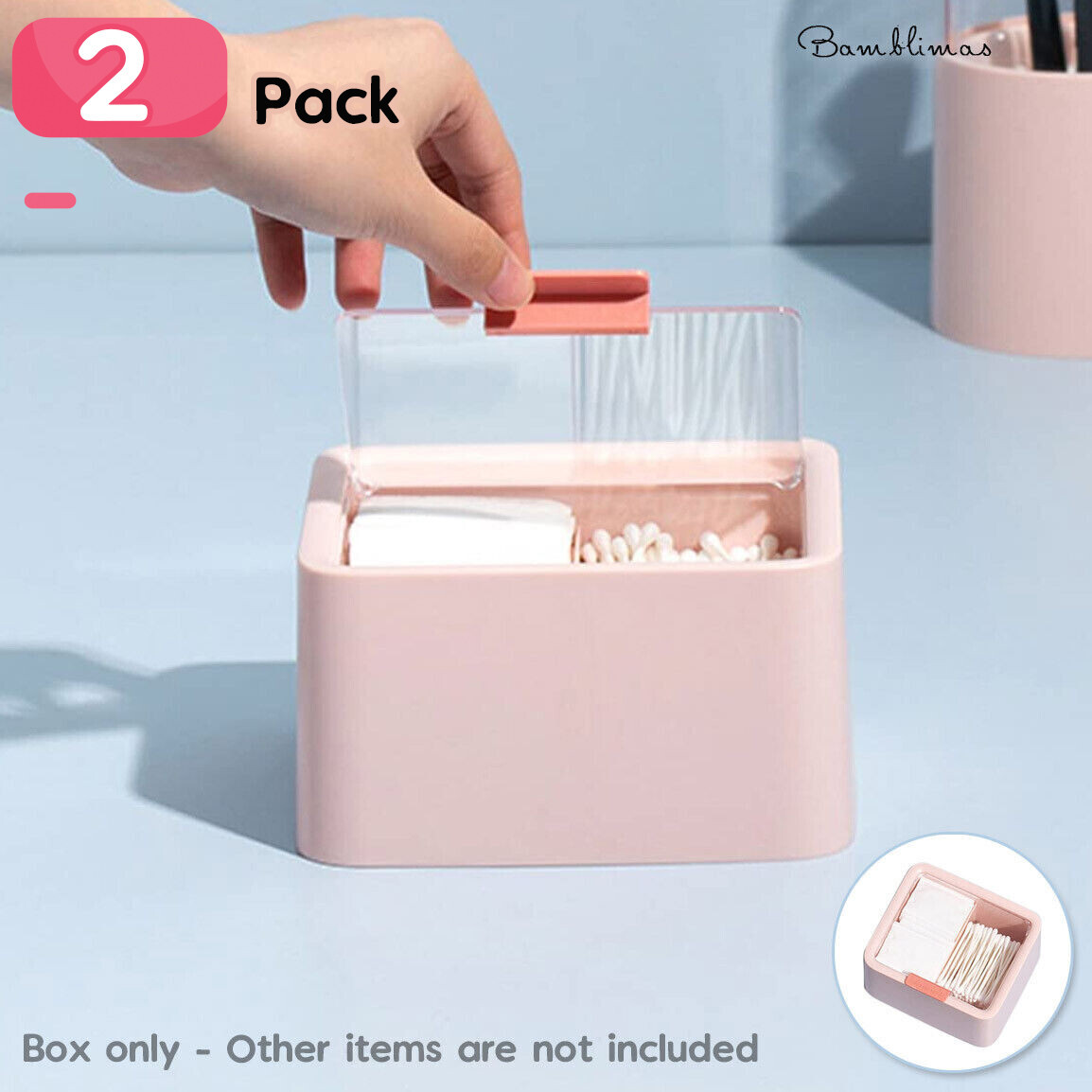 2 Pack Cotton Pad & Bud Holder with Lid | Pink Cosmetic Storage Cotton Swab Box