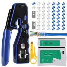 RJ45 Crimp Tool Kit for Cat5, Cat5e, Cat6 with Cable Tester and Accessories