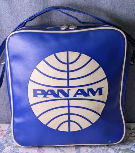 Vintage Pan Am Airlines Blue Vinyl Flight Bag Shoulder Crossbody Tote Travel Bag
