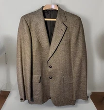 Vtg DAKS NY Tweed 100% Wool SportsCoat Jacket Sz42 Leather Button Herringbone Br