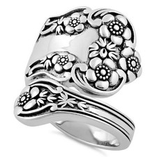 Ornate Spoon Flower Ring 925 Sterling Silver Vintage Floral Wrap Ring for Women