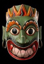 Mask, Small Hand Carved Wooden Rakshasha Ceylon Sri Lanka Wood Tribal Monster 7"