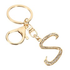 Initial Letter Keychain, Letter S Charm with Crystal Diamonds Cute, Gold Tone