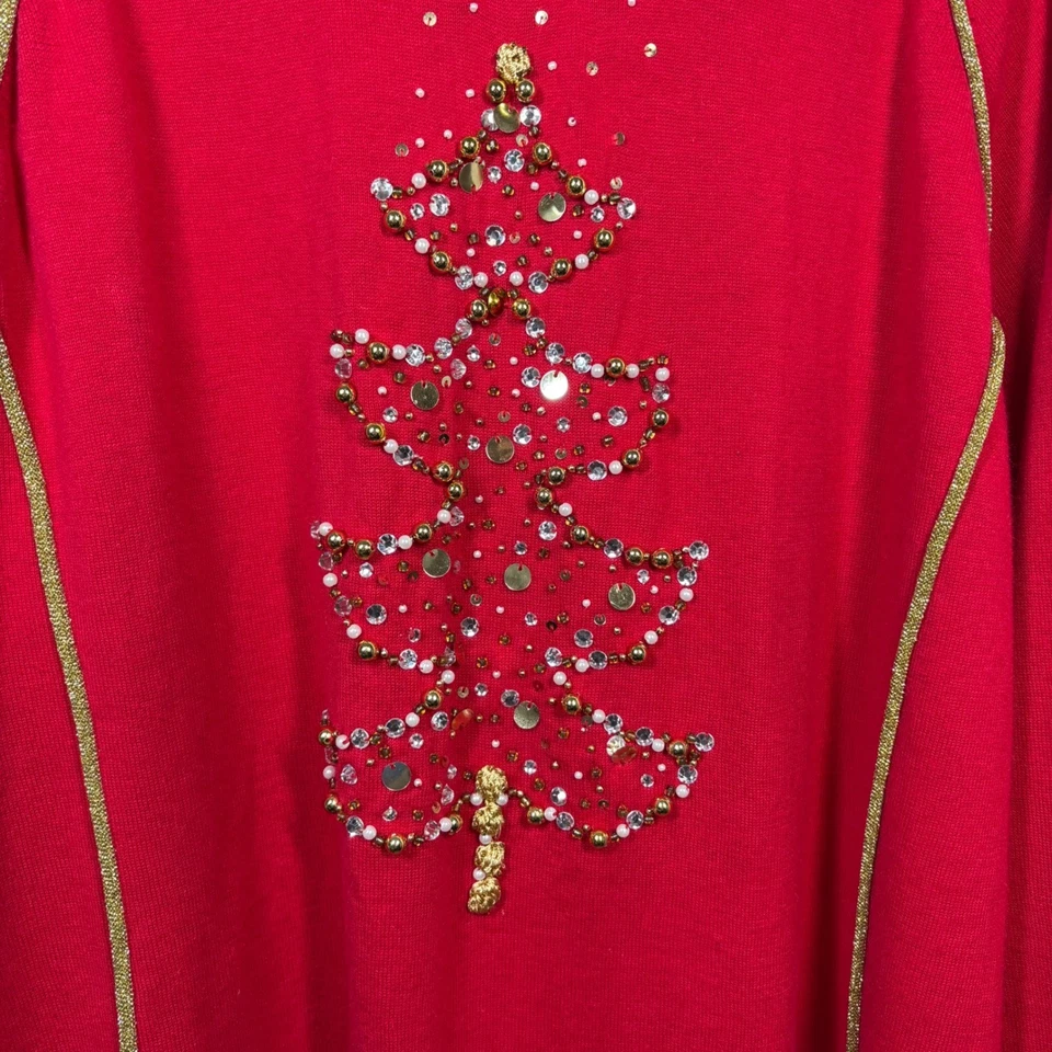 Quacker Factory Red & Metallic Gold Christmas Tree Sweater Size 2X Beaded Detail - Image 2 of 4