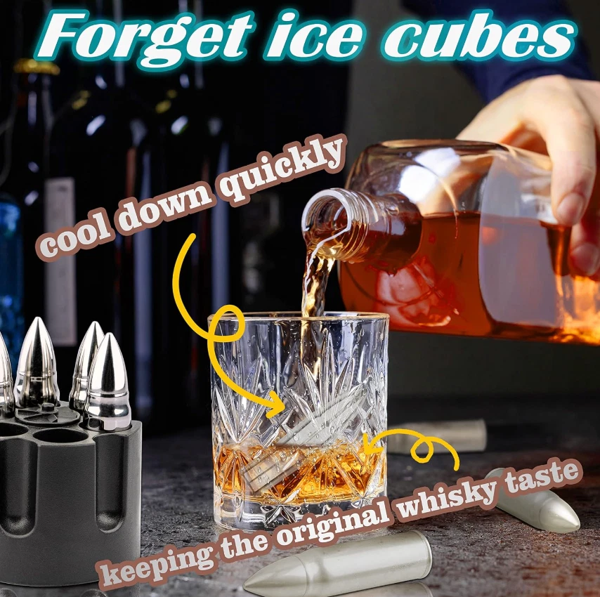 Juego de 6 piedras de metal para whisky de acero inoxidable con rocas de bala de whisky Foto 3 de 4