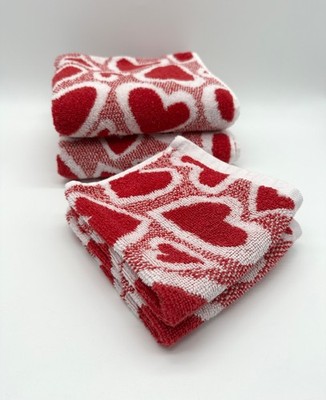 Red & White Hearts 2 Hand Towels 2 Washcloths 100% Cotton Casaba Made In Turkey