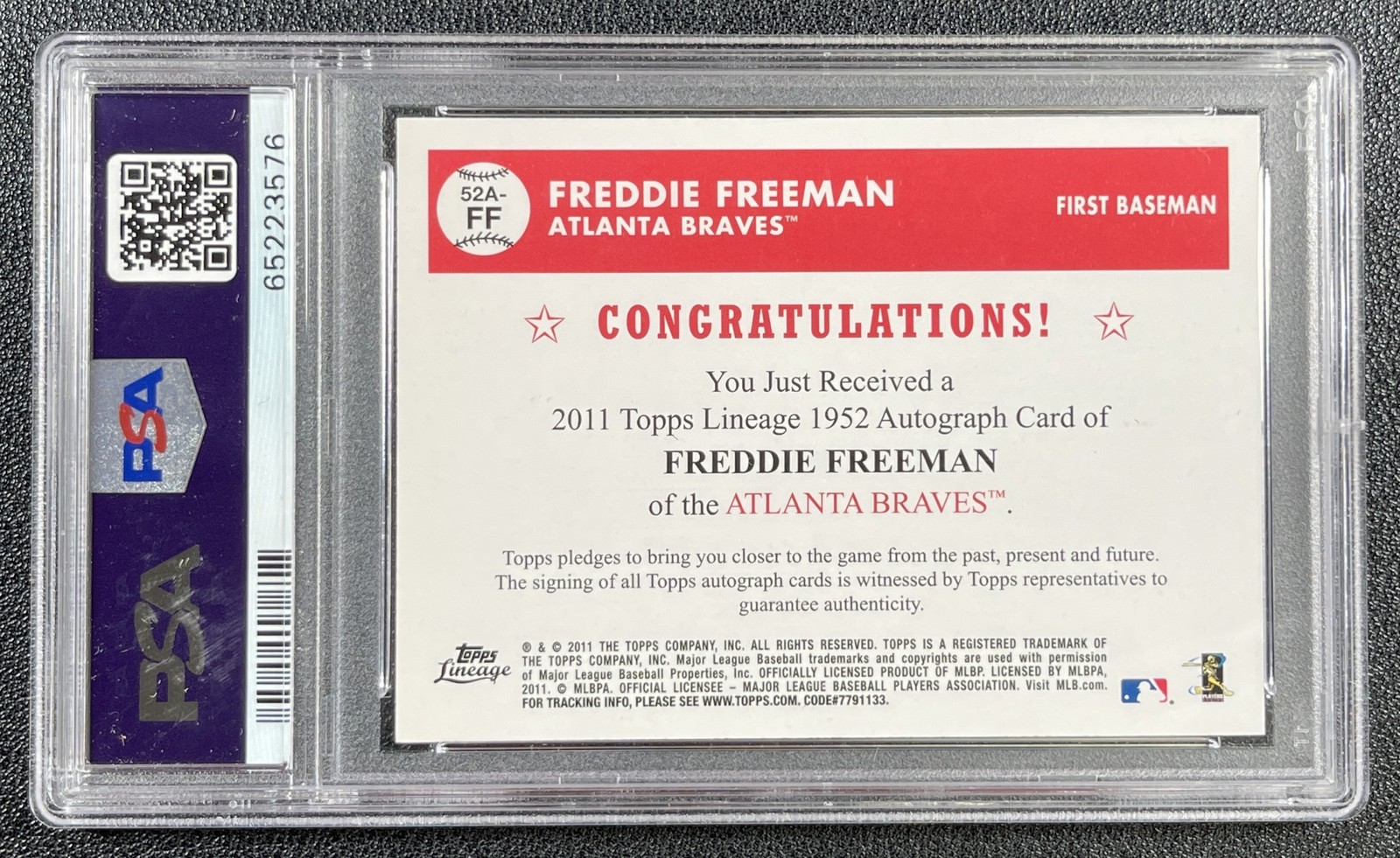 FREDDIE FREEMAN PSA 10 2011 TOPPS LINEAGE #52A-FF 1952 AUTO RC BRAVES 3576 view 2