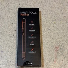Black Multi-Tool Pen with LED Light, Stylus, Screwdriver, Ruler, Bubble Level