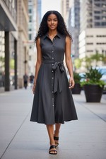 Calvin Klein Belted Pleated Dark Gray Dress Sleeveless Swing Size 10