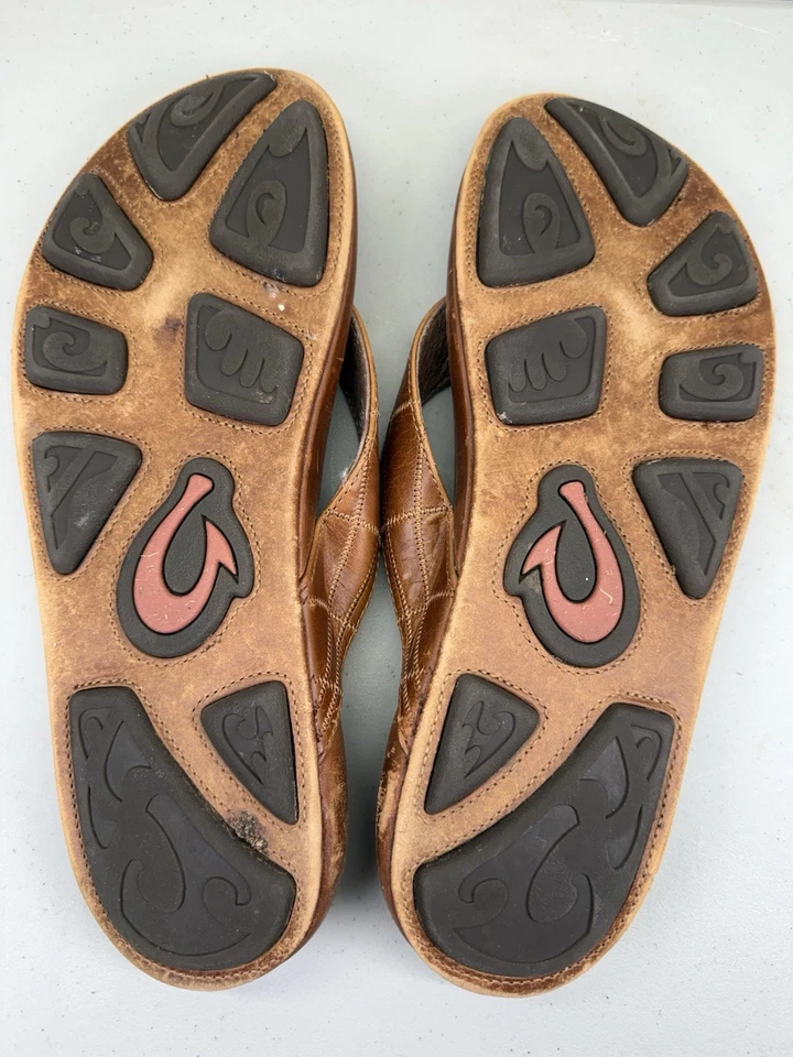 OLUKAI Hokule'a Kia Flip Flops  Beach Outdoor Sandals Brown Leather MENS 14 47 - Image 2 of 4