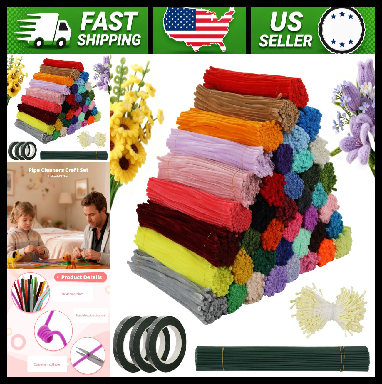 4000 Pcs Pipe Cleaners Craft Set, 40 Colors, Floral Tape, Stems & Stamens