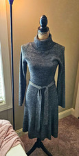 ALEX Marie Gray Sweater w gold shimmer Dress Turtleneck Long Sleeve Knee Belt L