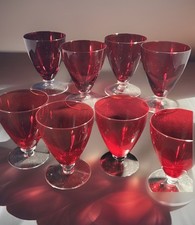 Vintage Ruby Red Clear Stem Footed Cocktail Shooter Glass -Set Of 8