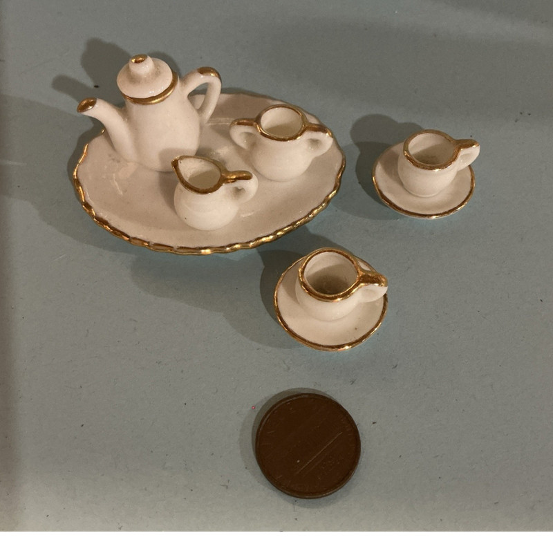 Bone China Taiwan Miniature Porcelain 1:12 Scale Painted Tea Set White Gold 6pcs