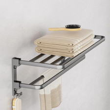 Double Tier Towel Rail Holder Wall Mounted Bathroom Rack Shelf With Hook Folding