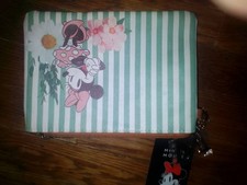 Disney Minnie Mouse Striped Wallet Floral Design Green White Pink