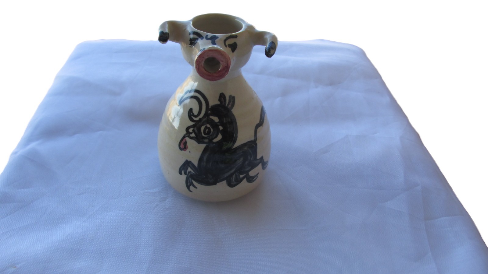 Vintage Hand Painted 4” Creamer Pitcher Bull Shape Art Pottery signed
