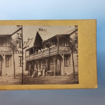 Straßburg ? Frankreich Stereoview um 1880 Echtfoto eine Herberge Kneipe Einheimische Beschilderung