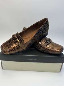 Liz Claiborne Copper Leather Croc Loafer Flats Chain Slip-On Square Toe 7.5