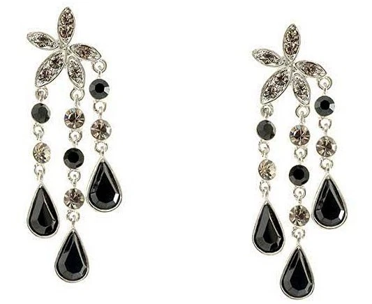 Vintage Deco Silver Black Starburst Chandelier Earrings W/ Swarovski Crystals BN - Image 4 of 4