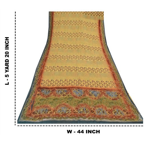 Sanskriti Vintage Sarees Pure Silk/Net Hand Embroidered Kantha Sari Craft Fabric - Picture 5 of 12